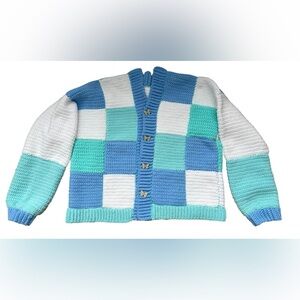 Blue and White Checkered Knit Cardigan
